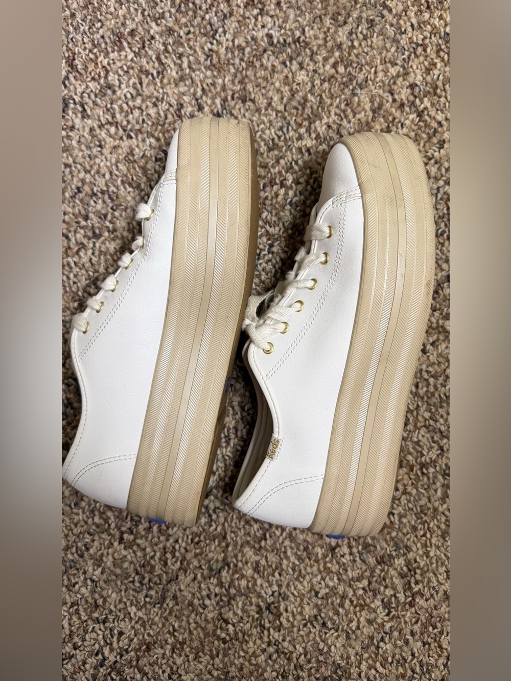 Keds White Canvas Sneakers with Tan Platform and Blue Logo
